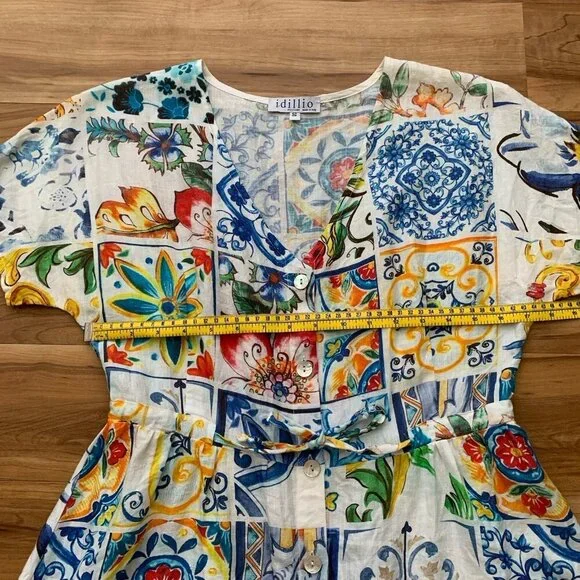 Idillio Positano Multicolor Linen Dress Small Colorful Resort Short Sleeve